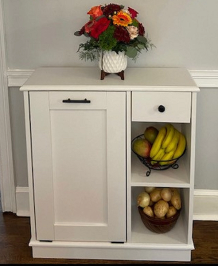 white wooden trash bin with 1 drawer and 2 shelves