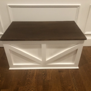 white storage bench with brown top