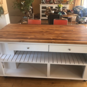 white kitchen island with wood top and drawers
