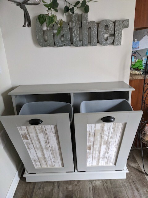 wooden trash bins with 2 bins and gray paint