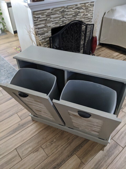 wooden trash bin with gray paint and two bins