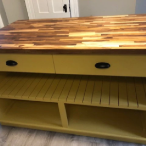 yellow kitchen island with wood top