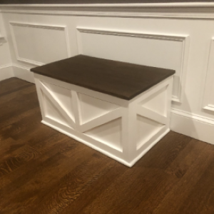 white storage bench with brown top