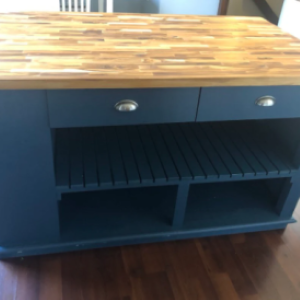 blue kitchen island with wood top