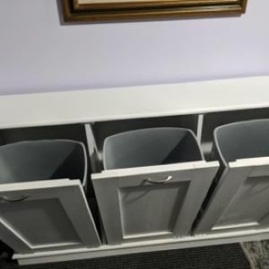 blue trash bins cabinet with trash bins open