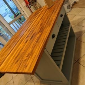 gray kitchen island with wood top